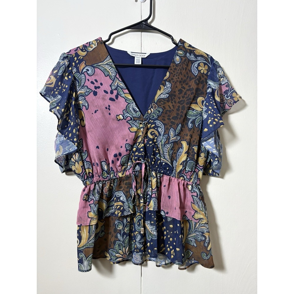 Thalia Sodi Large Boho Paisley Peplum Top Mixed Print Flutter Sleeve Festival